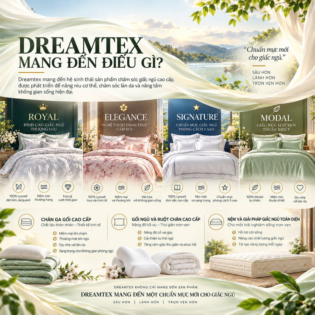 Dreamtex mang đến hệ sinh thái giấc ngủ cao cấp với Royal, Elegance, Signature và Modal