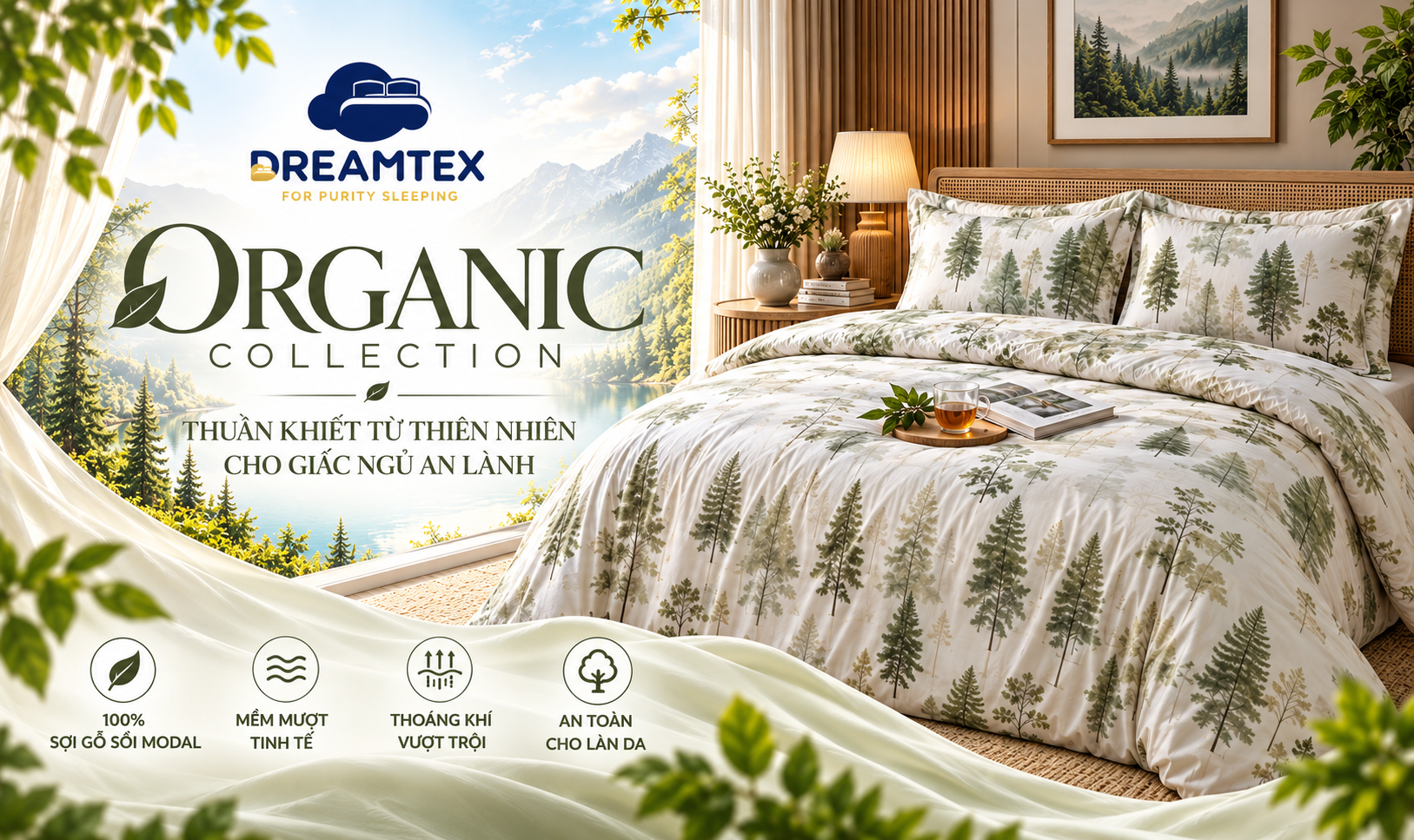 Bộ chăn ga Dreamtex Organic 100% sợi gỗ sồi Modal cao cấp